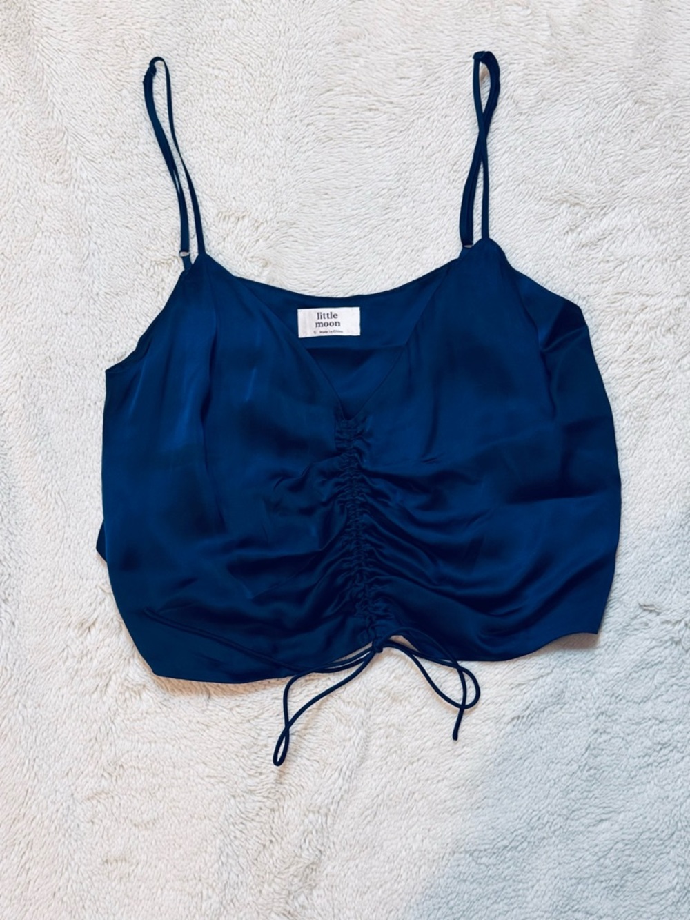 Little Moon Navy Satin Ruched Drawstring Cami